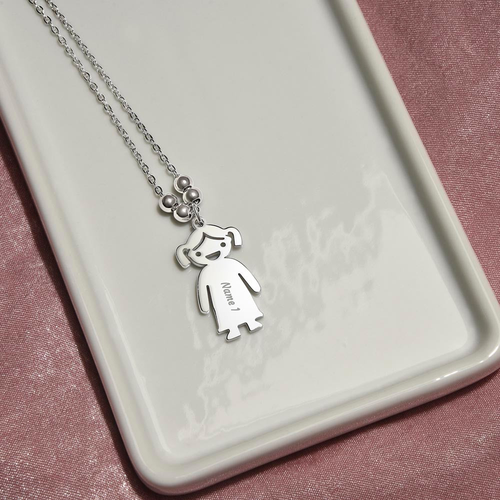 "Personalized Engraved Kids Charmed Necklace: Custom Child-Shaped Pendants with Names"